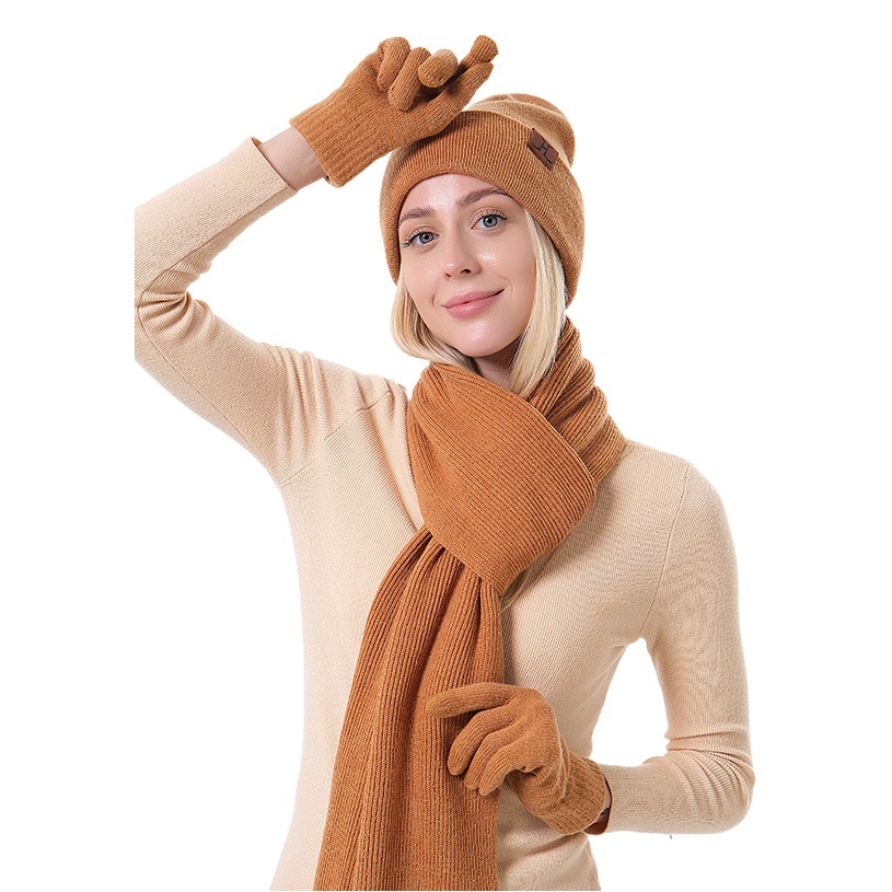 New Solid Color Scarf Wool Gloves Hat Three-Piece Set Warm Knitted Accessories Set Foreign Trade Cross-Border Factory Hair