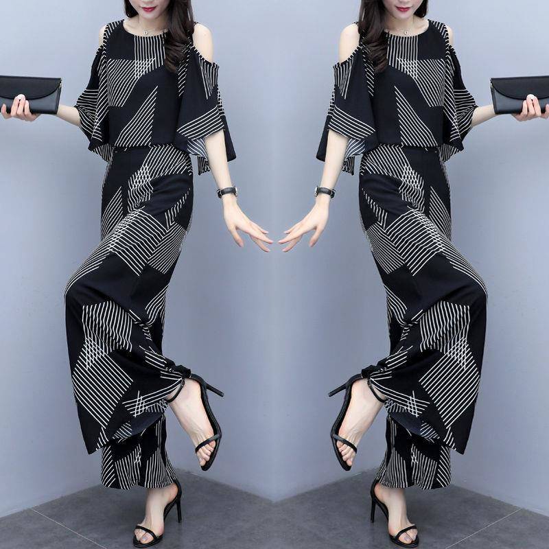778# Fashion Suit Women's 2022 New Summer Korean Loose Slim Shoulder Top Wide Leg Pants Two-piece Set