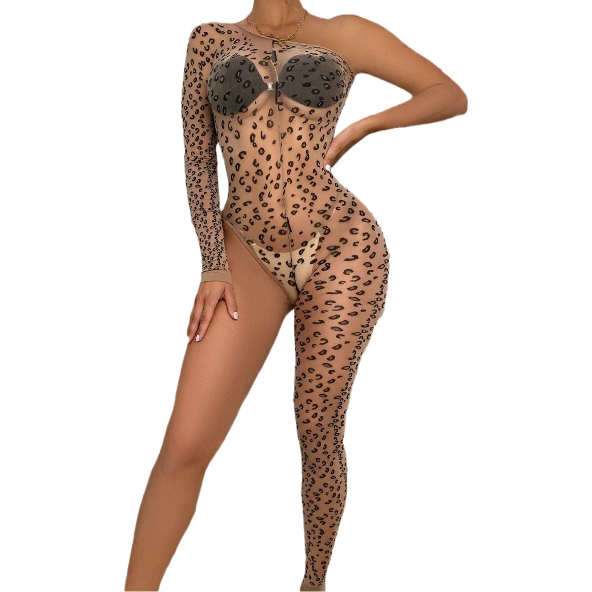 N-6008 Cross-border Women's Skin Color Printed Leopard Print Single-sleeved Leg Non-opening Mesh Clothes