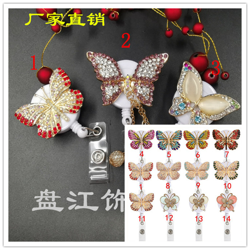 Amazon Alloy Easy Pull Button Rhinestone ID Card Rotating Full Diamond Butterfly Telescopic Metal Keychain Easy Pull