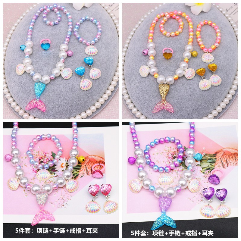 Amazon Hot Sale Children Pearl Necklace Bracelet Set Mermaid Necklace Girl Baby Accessories Wholesale