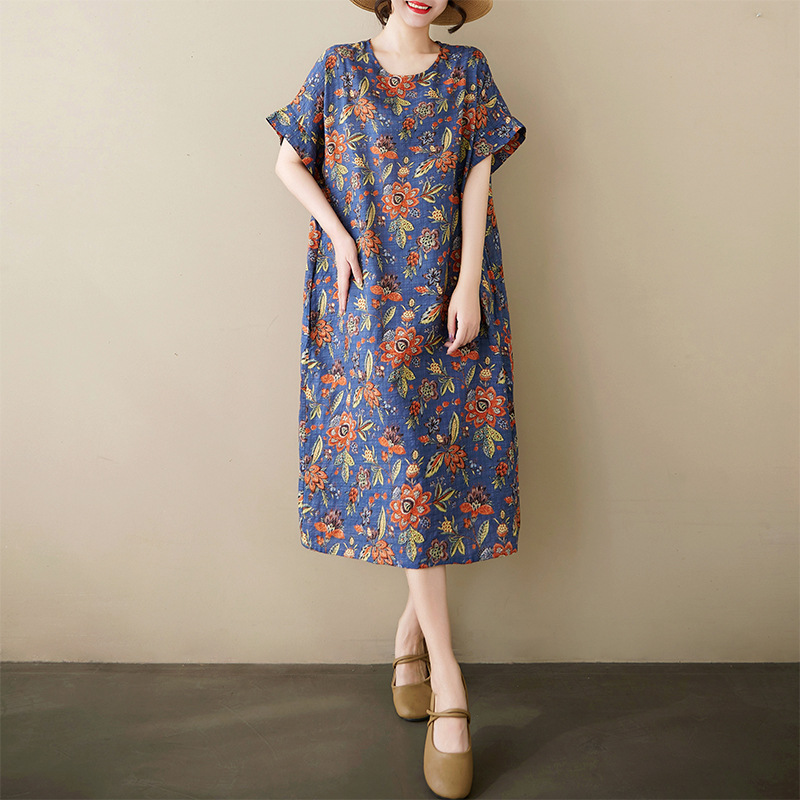 Summer chubby girl Cotton and Linen Retro Artistic Over-the-knee Mid-length dress plus size Age-reducing Mother's Loose Skirt for Children