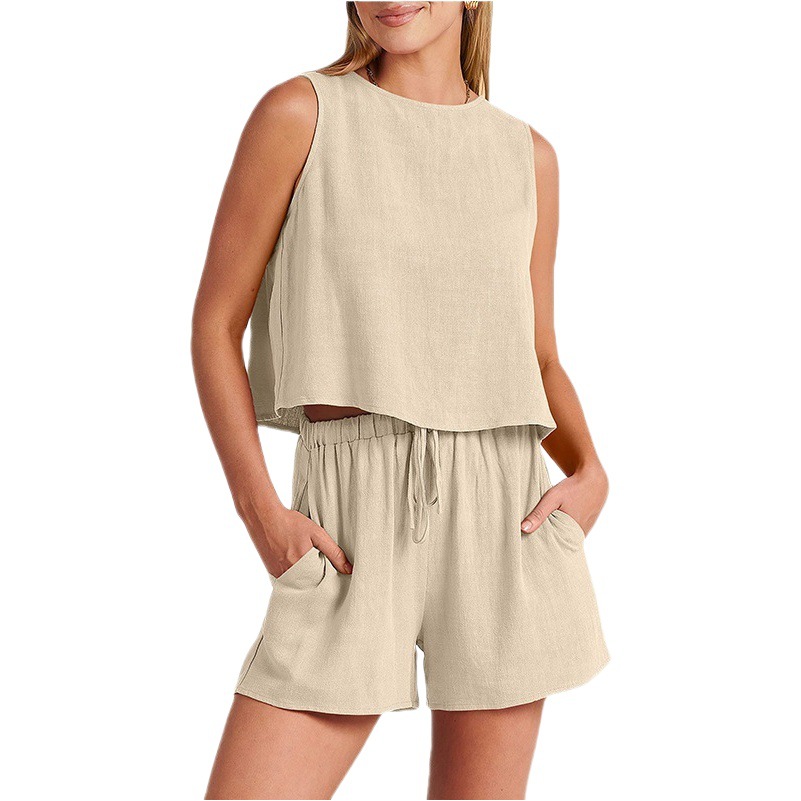 European and American Cross-border Foreign Trade Women's Clothing Amazon Fashion Suit 2023 Summer Elegant Sleeveless Top Shorts Pants Two-piece Set