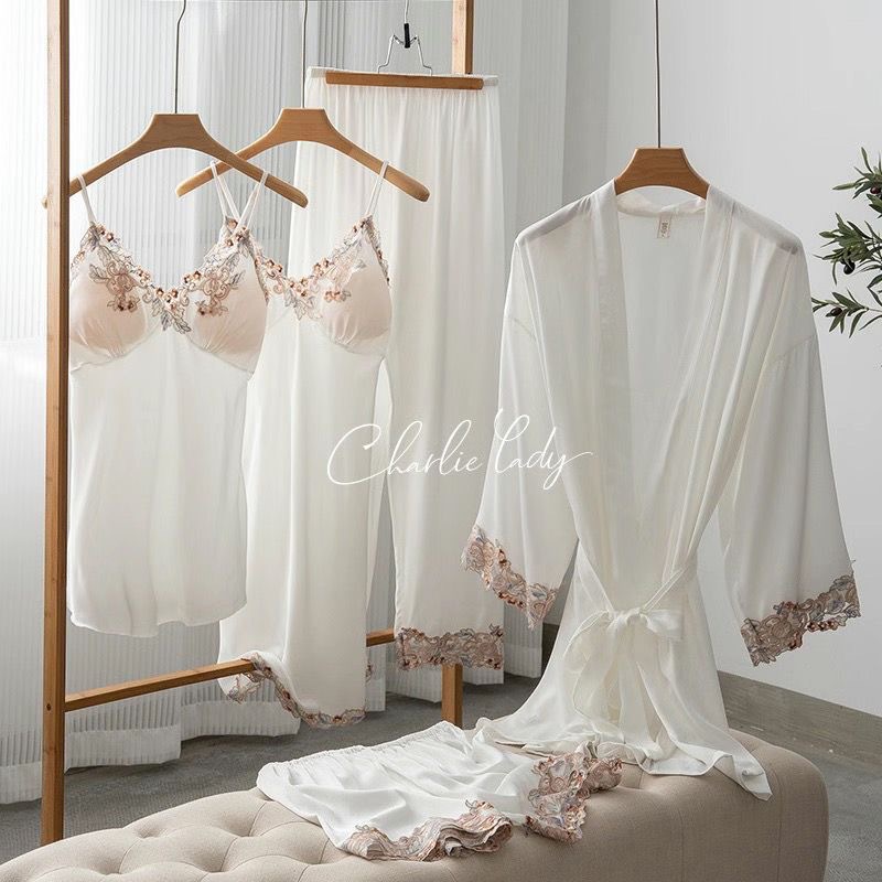 Picture of Spring and Autumn Pajamas Ice Silk Women's Spring and Summer Sexy Pajamas Five-piece Set Satin Nightgown Sling Nightgown with Chest Pad Home Clothes