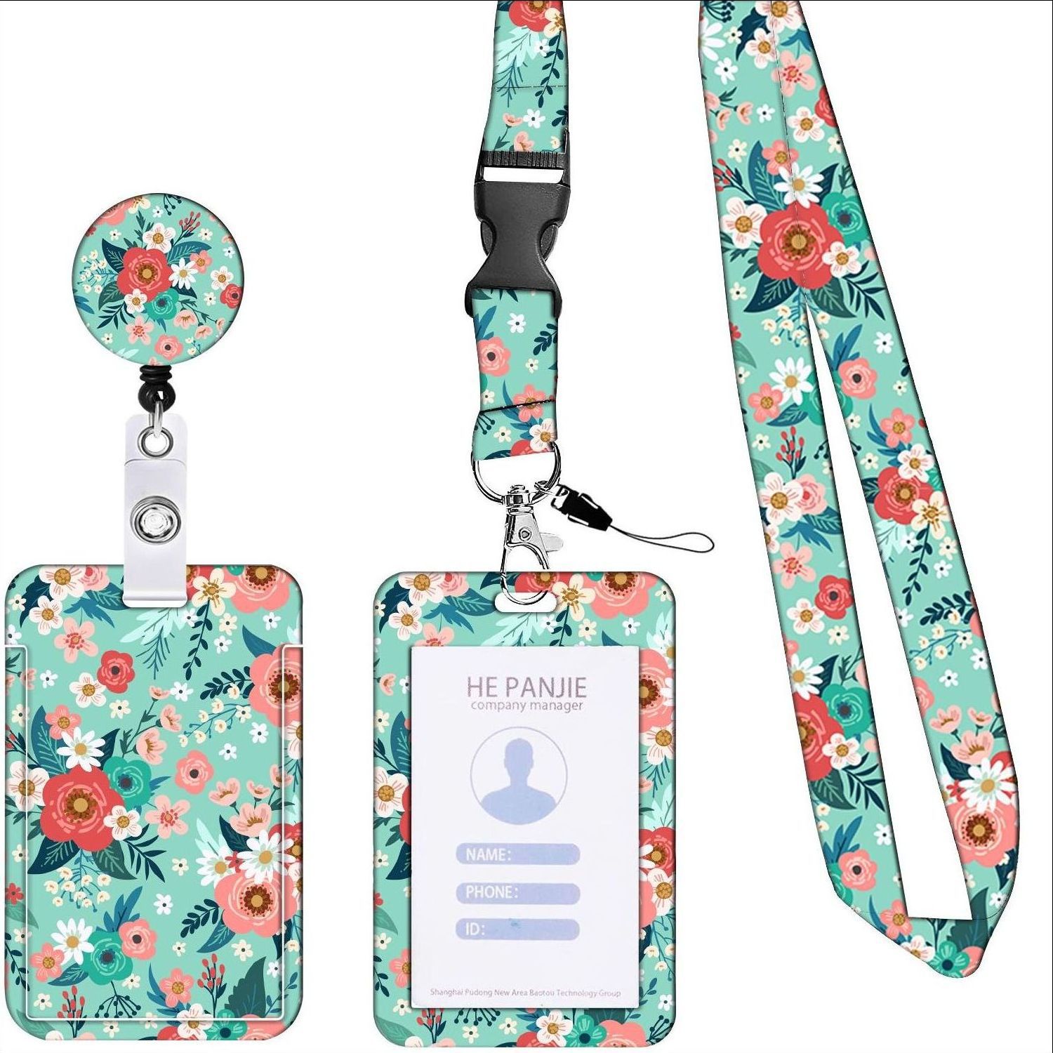 Picture of Retractable easy-pull buckle Badge clip small floral pattern ID card holder ID lanyard easy-pull telescopic buckle