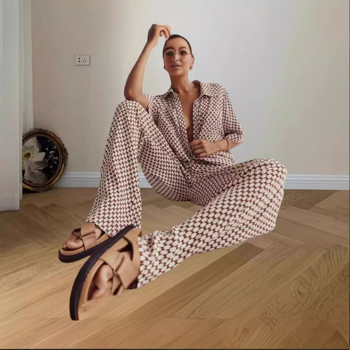 Printed Short-sleeved suit 2024 Foreign Trade Women's Clothing Amazon Silk Comfortable Loose Thin Pajamas Home Clothes