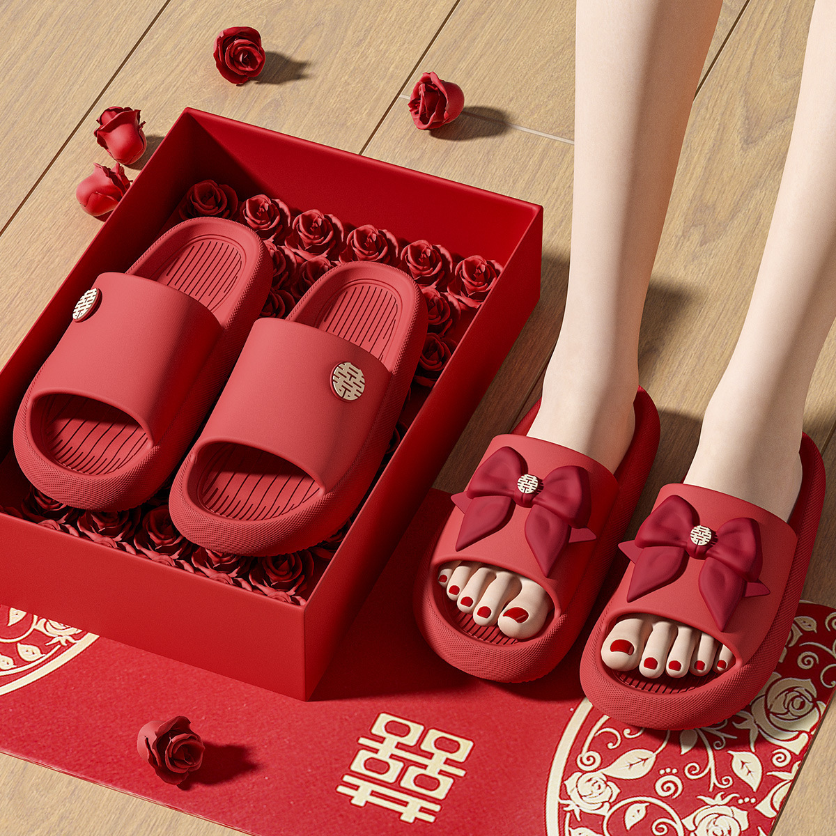 Picture of Slippers Wedding Men and Women Festive Red Couple Summer Wedding Wedding Accompanying Indoor Non-slip Bathroom Slippers