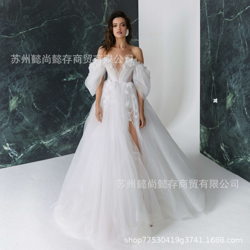 New French simple Mori style light Main deep V three-dimensional high slit outdoor yarn small floor-length trailing wedding dress