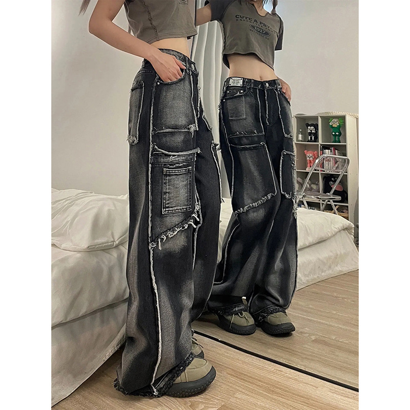 Cross-border American-style Fried Street Tie-dyed Rouge High Waist Jeans Women's Summer New Niche Design Sense Straight Wide Leg
