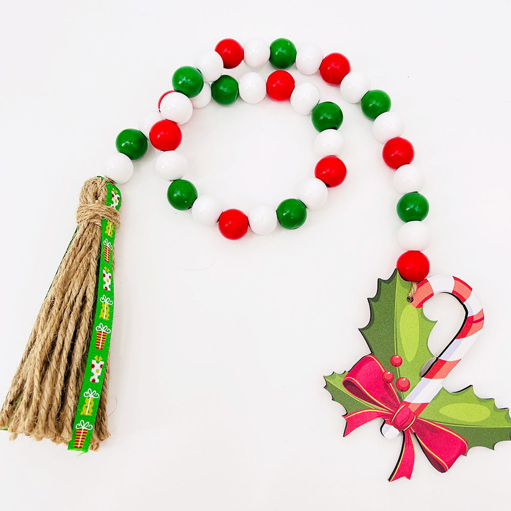Picture of Christmas Wooden Beads Hemp Rope Tassel Beads Christmas New Wooden Pendant Wooden Ornaments Tray Decoration