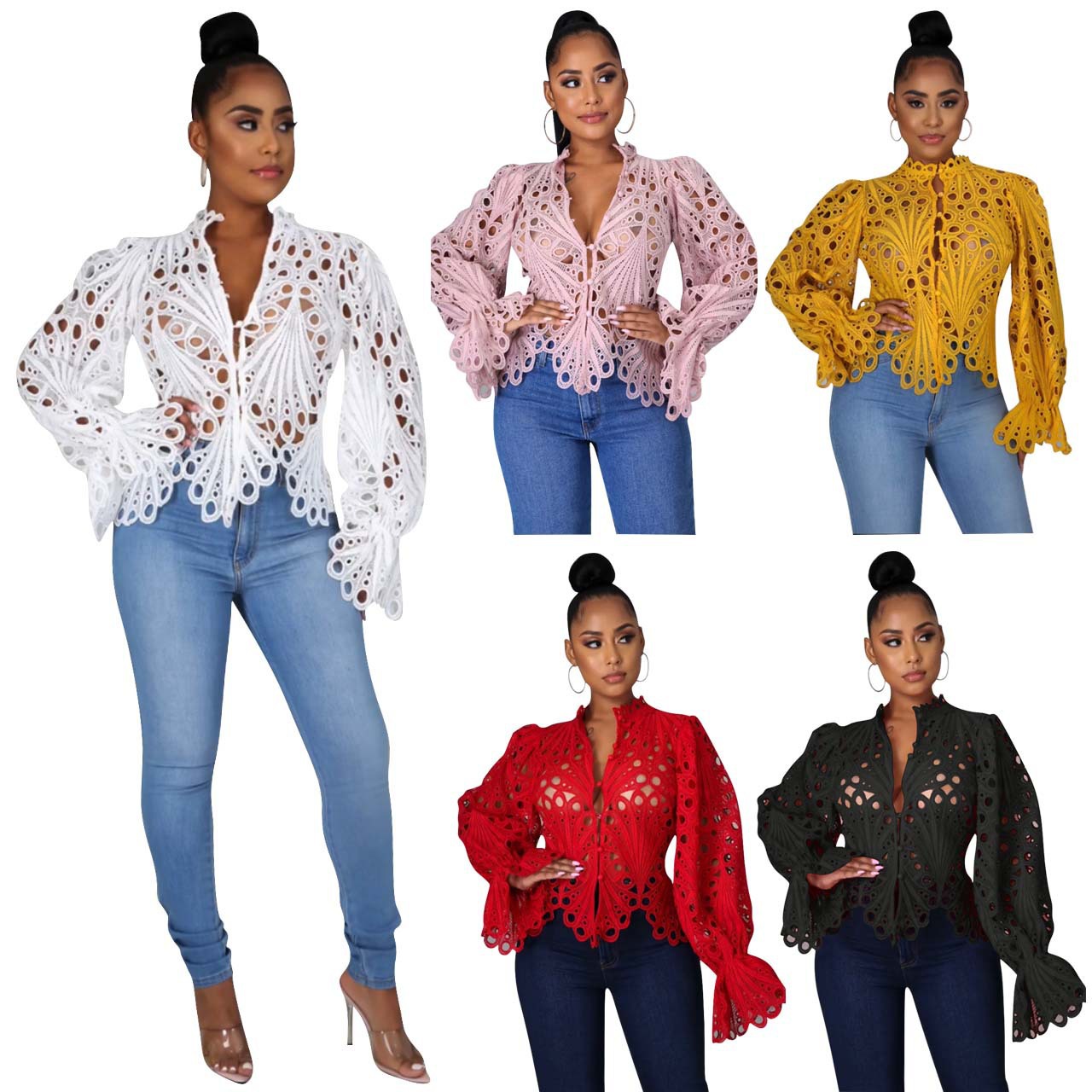 Cross-border Amazon European and American women's wish hollow-out sexy V-neck bell sleeve nightclub hole top