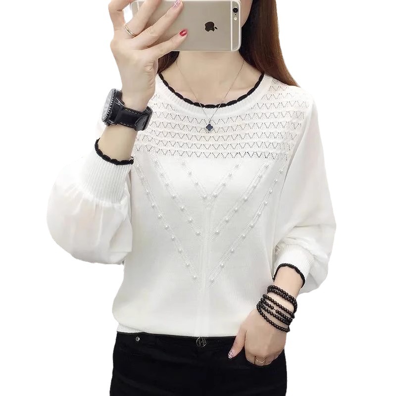 Picture of Chiffon Ice Silk Knitted Bottoming Shirt Spring and Autum New Long-Sleeved Round Neck Elegant Western Style Top Slimming Look Loose Sweater