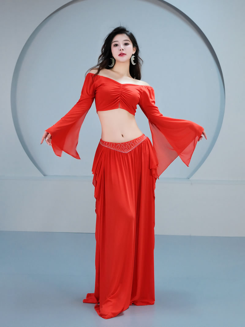 Belly Dance Costume Summer Oriental Dance suit New Long Sleeve Training Suit Fairy Lotus Leaf Strap Training Class Suit 5075