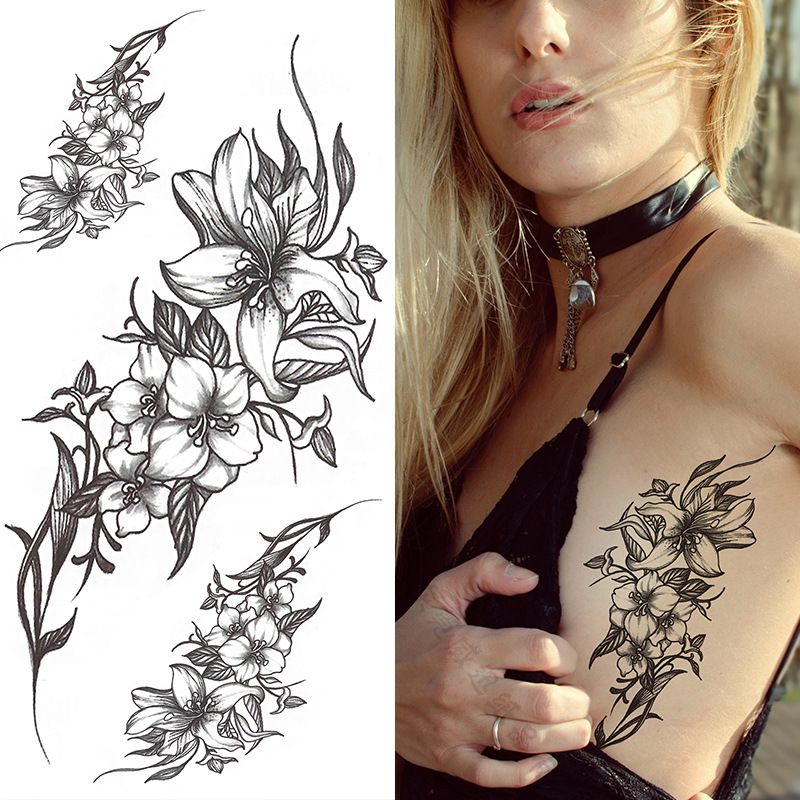 Picture of Cross-Border Supply of Sketch Flower Tattoo Stickers, Sketch Tattoo Stickers, Rose Flower Black and White Flower Tattoo