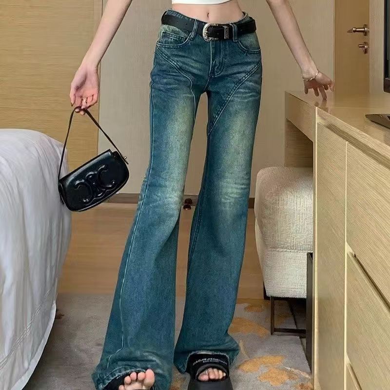 Vintage Pocket Printed High Waist Jeans Women's Spring and Autumn New American Style Slim-Fit Slimming Loose Trendy Flared Pants