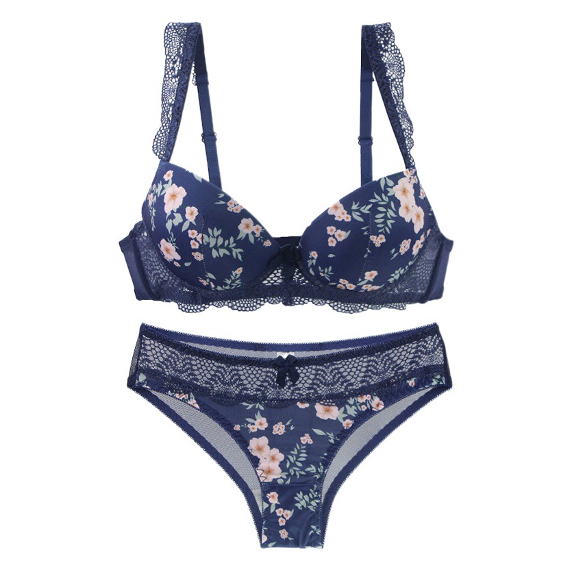 2023 new girls printed sexy lace bra set gathered up women's underwear set bra wholesale