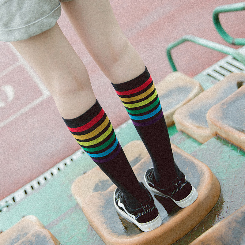 JK Calf Socks Lolita Girls Stockings Rainbow Striped Campus Goddess Summer Stockings Lolita Socks