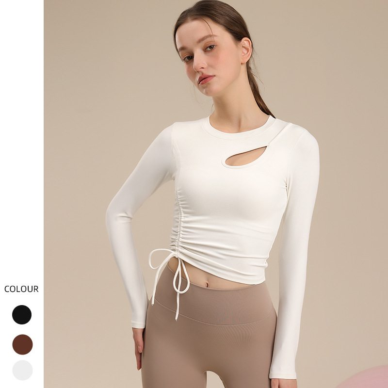 Autumn New Yoga Long-Sleeved Women's Fixed Cup Drawstring Pleated Breathable Slim Running Fitness Sports Top