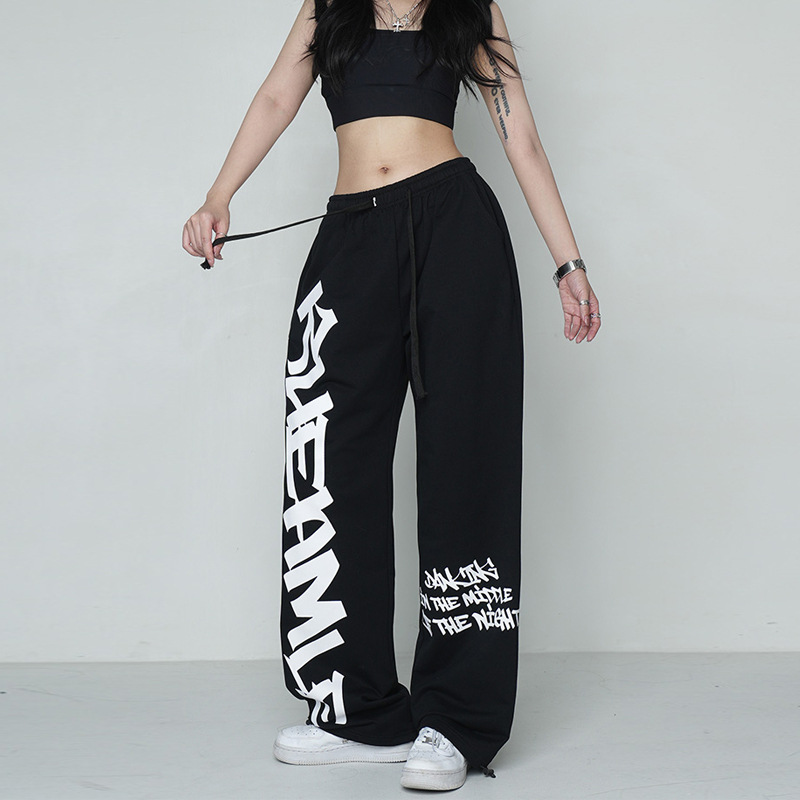 Black Hip-Hop Jazz Dance Sports Pants for Women 2025 Summer Street Casual Pants Trendyy Wide-Leg Drawstring Hip-Hop Pants