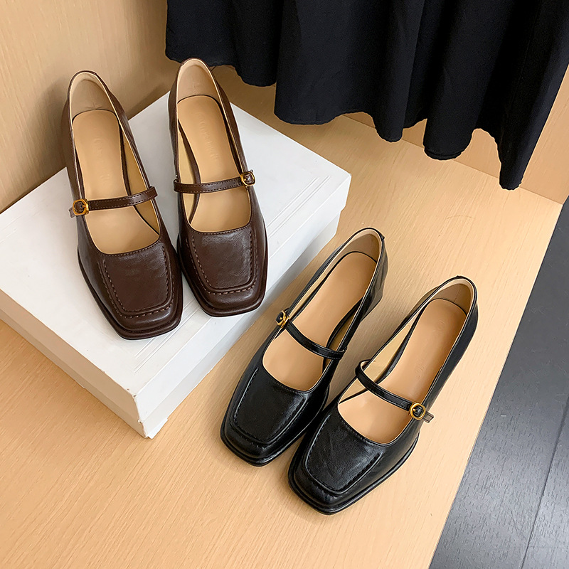2025 New Spring and Autumn French Square Toe Mary Jane Shoes Women's ol Commuter Shallow Mouth Loafers Thick High Heel Shoes