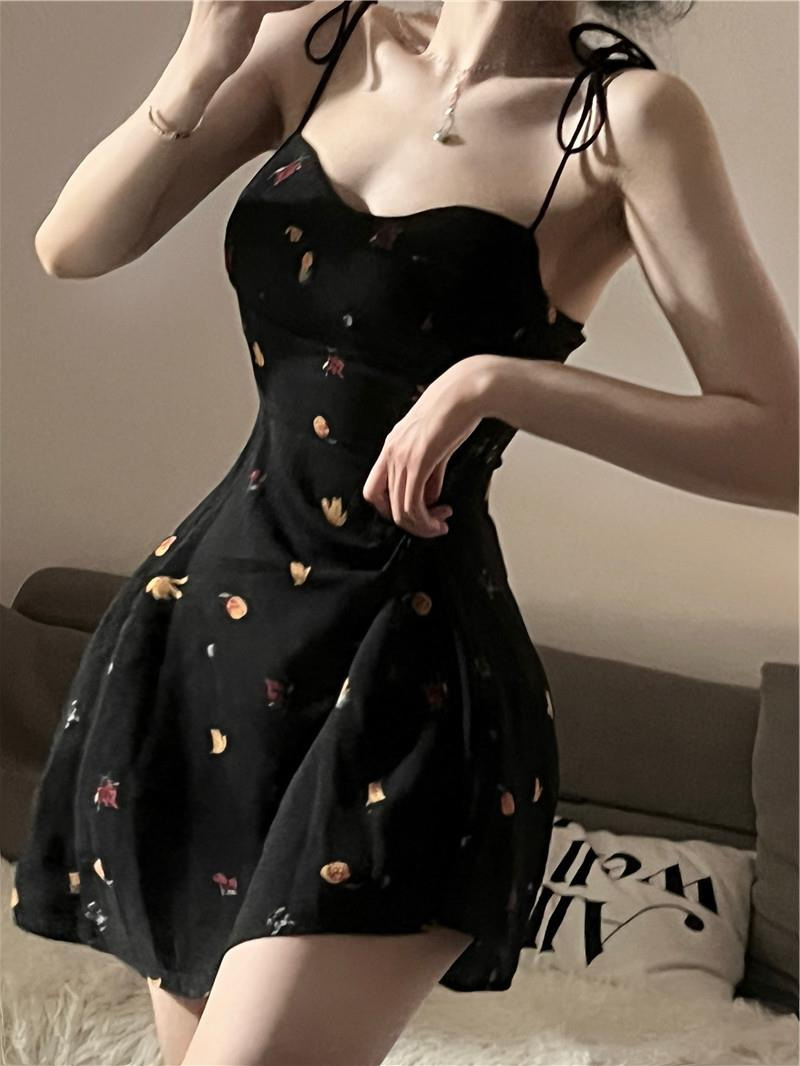 Bow Printed Hip Bag dress Women's Summer Sexy Low-cut Strap Strap A- line Skirt Short Skirt Beach Skirt