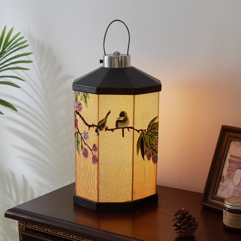 Wireless Charging Table Lamp Embroidered Touch Atmosphere Lamp New Chinese Style Living Room Portable Bedroom Bedside Leather Handheld Lamp