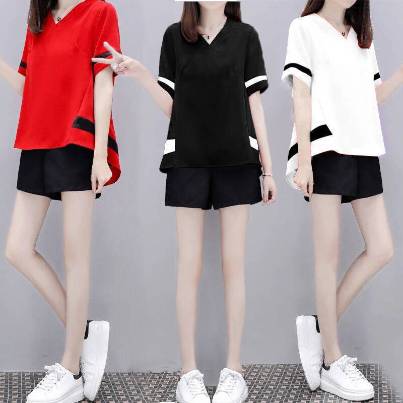 Fat Girl plus size women's clothing loose casual sports suit female student shorts short sleeve two-piece suit