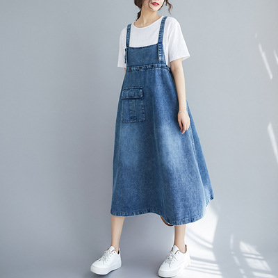 Real Shot of Spring and Summer New Korean Style Denim Suspender Mid-Length Loose Large Hem Solid Color Slimming Dress