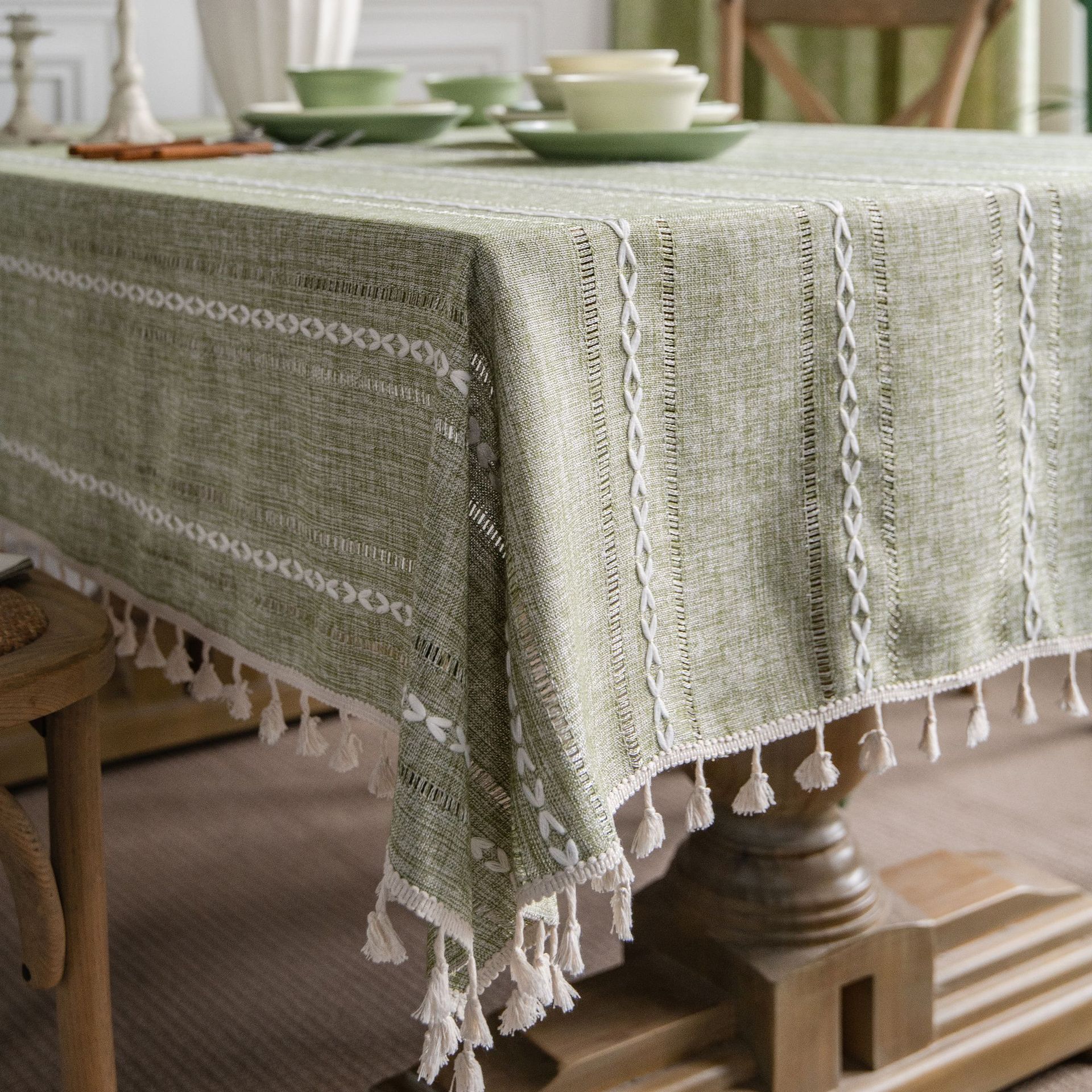 Picture of Yuman Qiyun Tablecloth Green Hollow American Country Fabric Cotton Linen Clear Cyber Celebrity Ins Rectangular Tablecloth