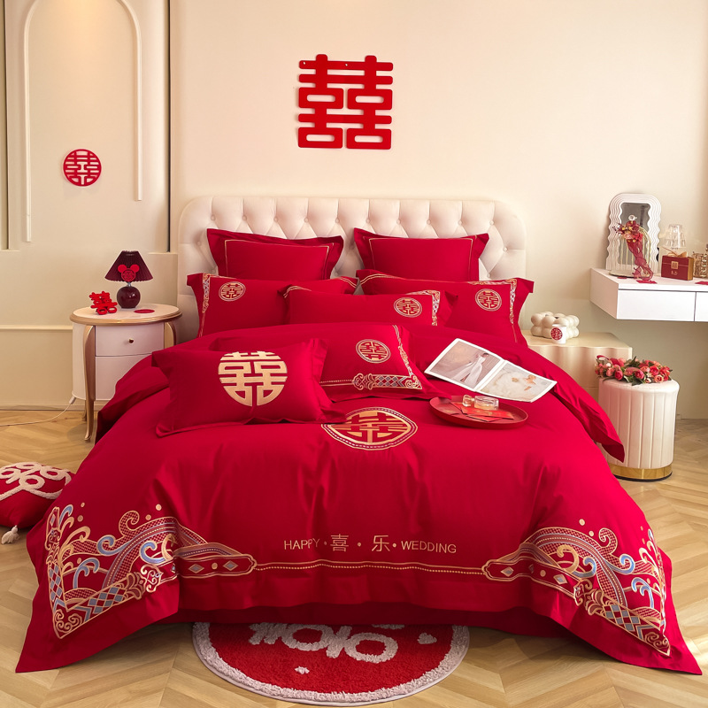 Picture of Y * J Chinese Dragon and Phoenix Embroidery Big Red Wedding Four-Piece Set Wedding Accompanying Cotton Six-Piece Bed Sheet Quilt Cover Bed