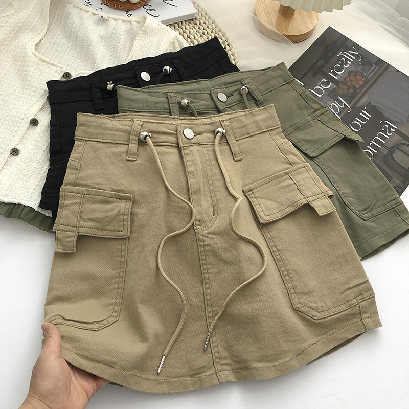 Drawstring Lace-up High Waist Denim Skirt Women's Korean-style Retro All-match Anti-slip Skirt