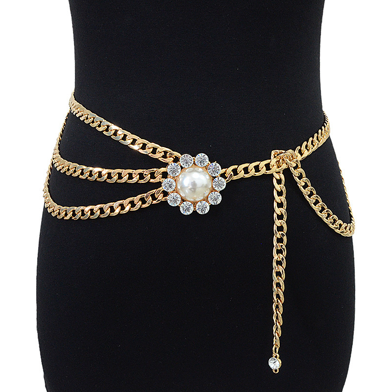 Cross-border New Women's Thin Belt Casual Pearl Large Diamond Decoration Metal Chain Rhinestone Inlay Skirt