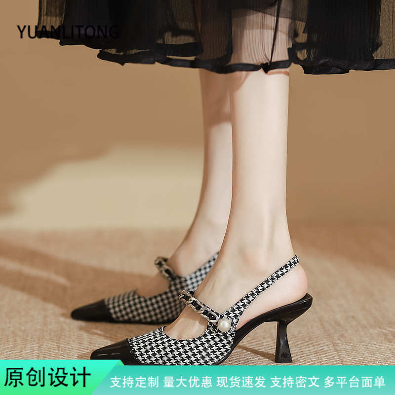 Houndstooth Sandals Women's Kitten Heel Single Shoes 2025 New French High Heels Huizhou Women's Shoes Summer Women's Back Hollow