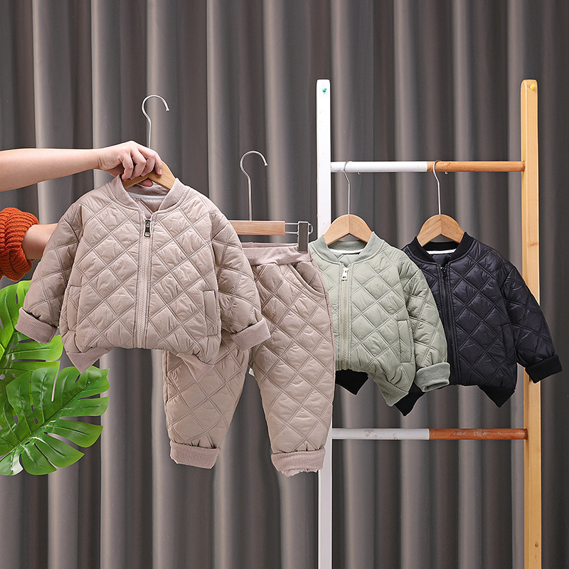 Men's baby solid color thick warm two-piece suit wholesale 2024 new winter children's clothing casual children's cotton-padded jacket