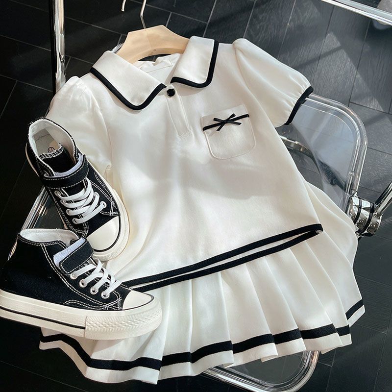 Girls Suit Summer Suit Kidsren's Jk Uniform Suit Women's 2025 New Korean Style Short-Sleeved Pleated Skirt Casual Two-Piece Set