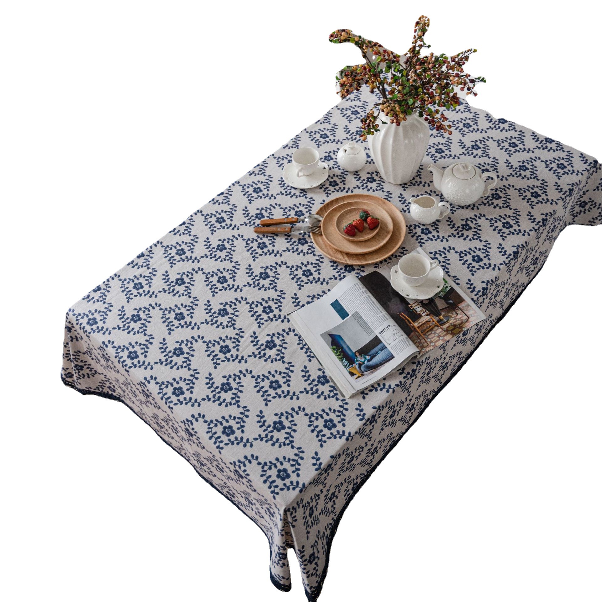 Picture of Yiman Qiyun Navy Blue Plum Blossom Printing Pastoral Cotton and Linen Tablecloth Tablecloth Wholesale Household Cover Towel Lace