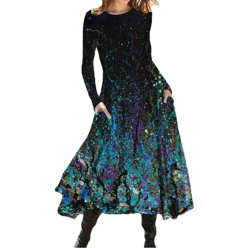 2022 European and American autumn and winter New skirt autumn and winter long dress gradient printed pocket long sleeve A- line dress