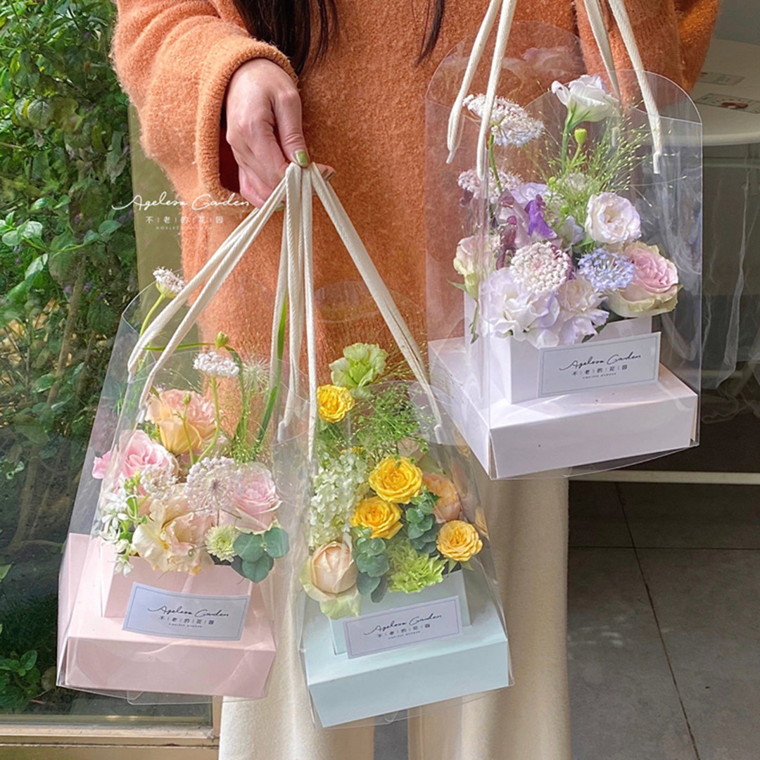 portable flower box pvc transparent folding flower arrangement box cross-border supply flower handbag valentine's day flower packaging box