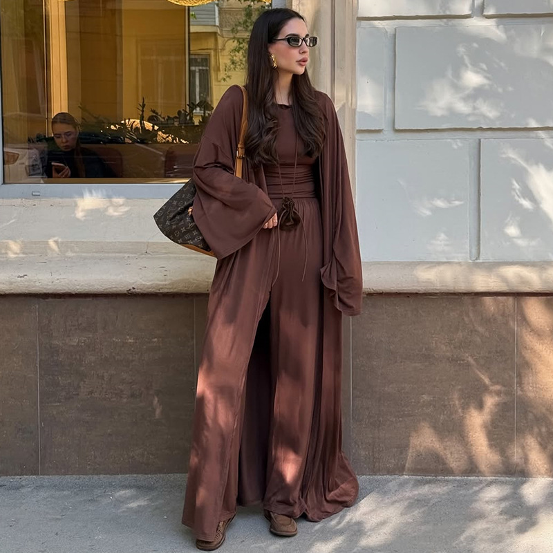 European and American Cross-Border Women's Clothing 2025 Summer New Casual Long Outwear Long-Sleeved T-Shirt High-Waisted Pants Three-Piece Set