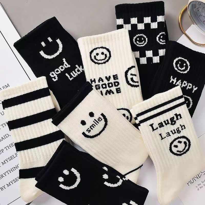 Socks Women's Mid-length Socks Women's Autumn and Winter Mid-length Cotton Socks Korean Style All-match Winter Student Smiley
