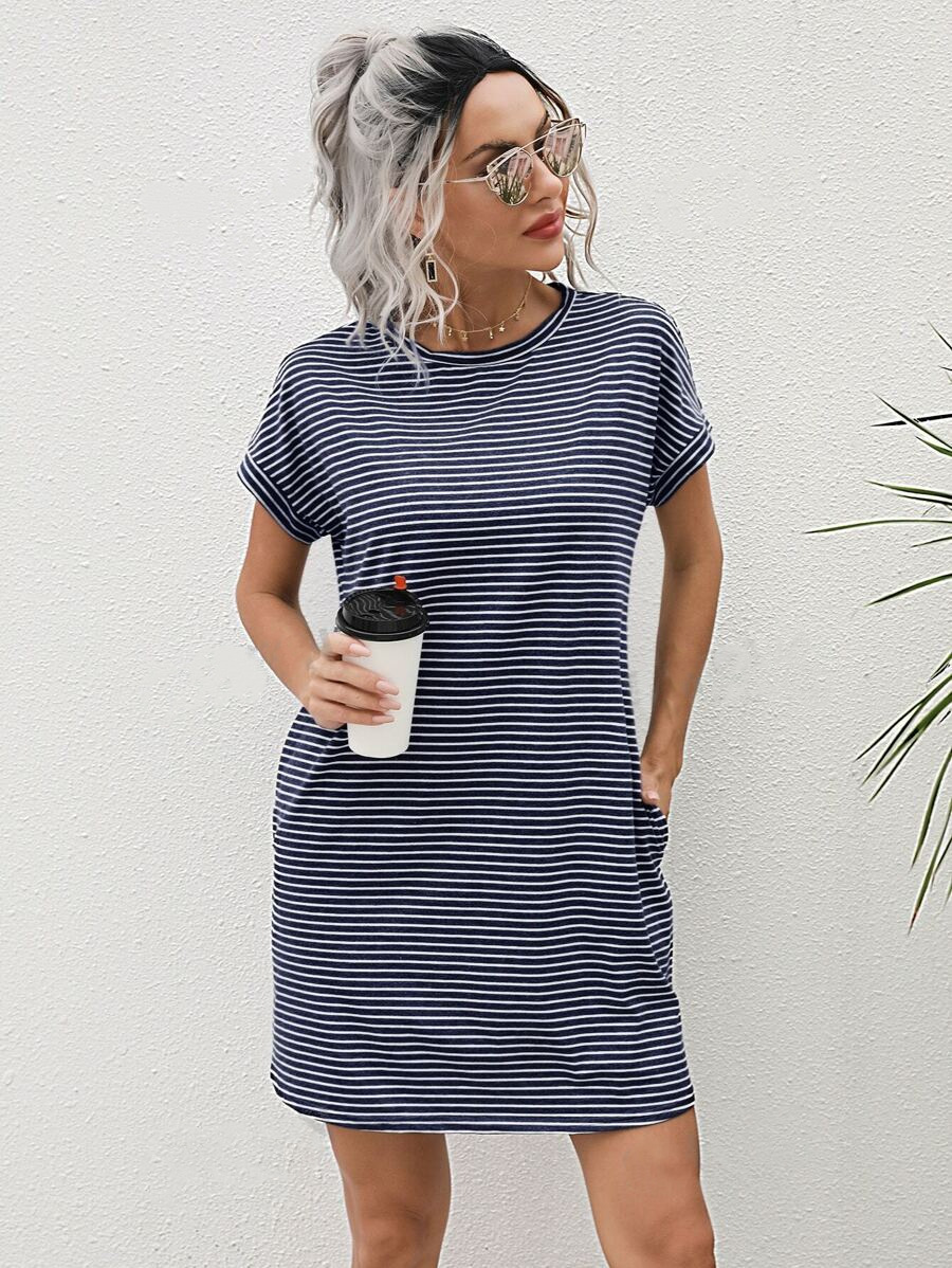 2024 European and American Style Summer Amazon Women's Cross-border Women's Casual Striped Short-sleeved Round Tie Pocket dress