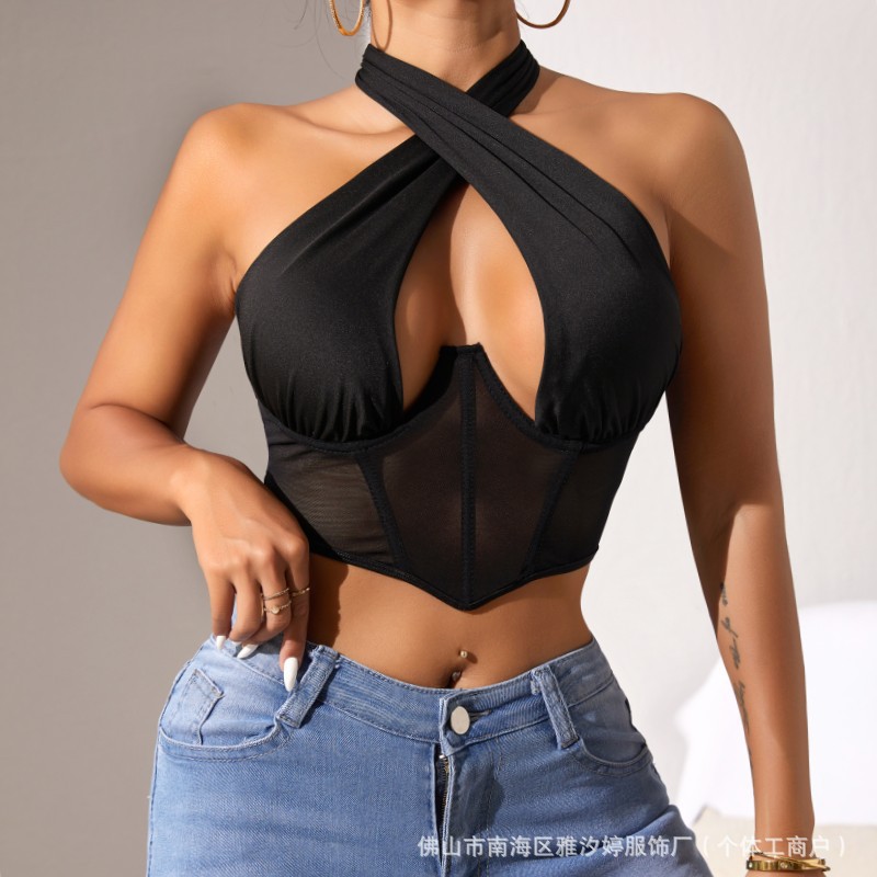 European and American style gauze beautiful chest cross neck lace-up sexy hot girl fishbone steel ring outer wear backless small vest