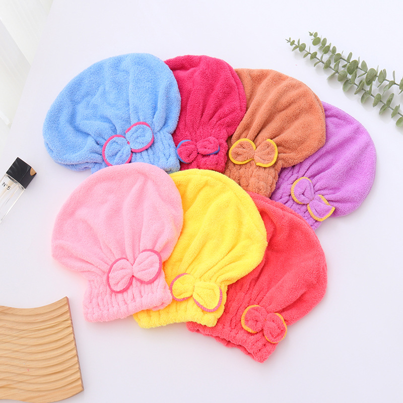 Picture of Coral Velvet Dry Hair Cap with Bow for Women, Thickeneded Shampoo Bag, Absorbent Princess Hat, Hair Factory Wholesale, Fast Water Absorption