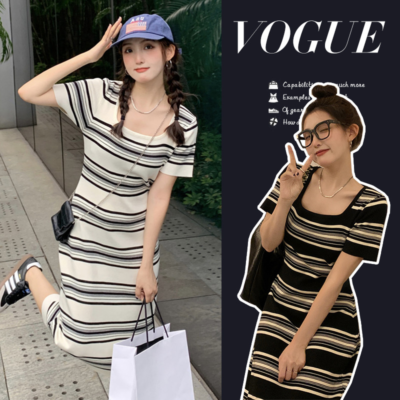 Pregnant Women 2024 Summer Dress Striped Knitted dress Trendy Mom Fashionable Square Neck Elegant Slim-fit Breastfeeding Dress