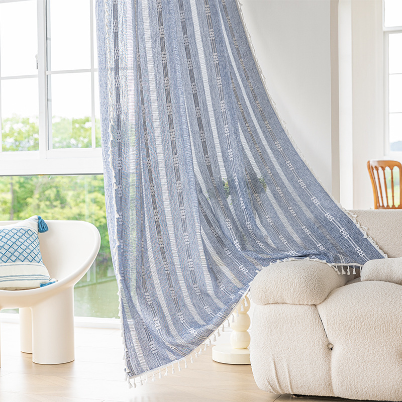 Picture of Cross-border exclusive for Nordic cotton and linen curtains multi-color solid color cotton and linen yarn semi-transparent bedroom living room floor curtains with yarn