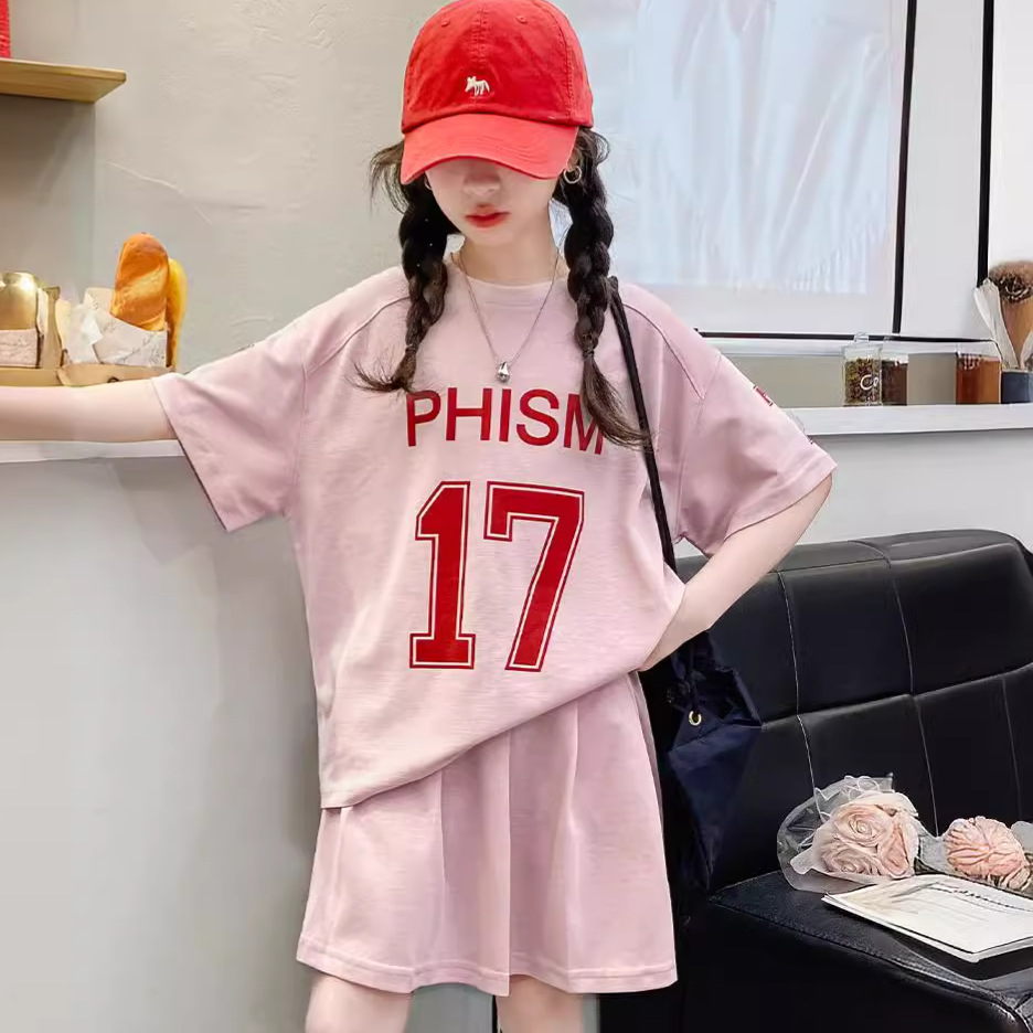 Korean Style Girls Suit 2025 Summer New Style Girls' Short-Sleeved T-Shirt Big Children's Casual Skirt Two-Piece Set