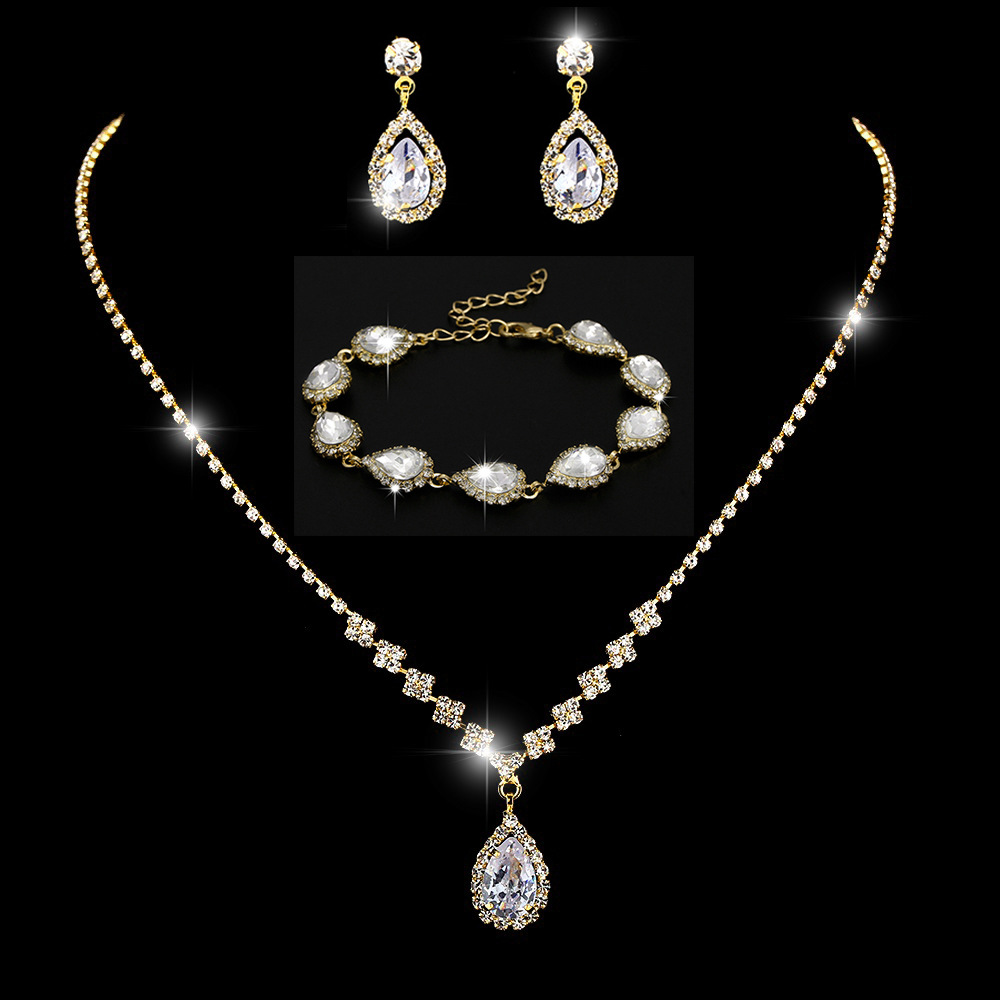 Picture of Brilliant diamond zircon water drop necklace earrings bride wedding jewelry shooting jewelry set wholesale