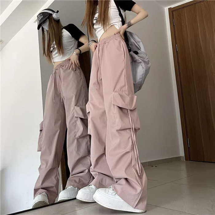 Picture of American retro quick-drying overalls women's three-dimensional pocket high waist straight wide leg ribbon loose casual mopping trousers