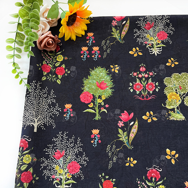 Dark night flowers, new Chinese style Hanfu cheongsam dress fabric, handmade DIY fabric, Tencel jacquard fabric