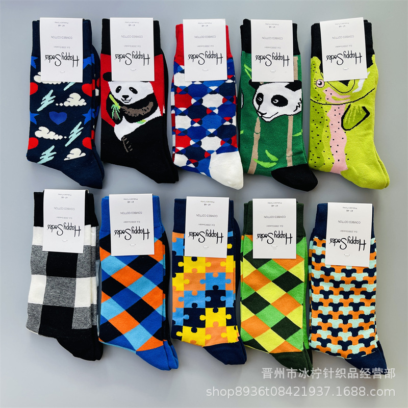 New HappySocks Socks Men's Mid-high Cotton Socks Four Seasons Fashion All-match Cartoon Couple Socks Trendy Socks